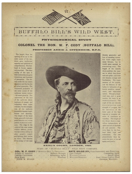 1892 Program for ''Buffalo Bill's Wild West'' Show -- With Profiles of Cody, Annie Oakley as Well as Native Americans Such as Sitting Bull and Plenty Horses
